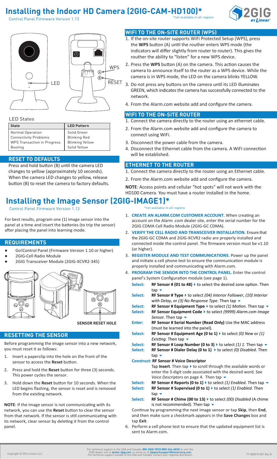 Installing the indoor hd camera (2gig-cam-hd100), Installing the image sensor (2gig-image1) | 2GIG Control Panel Firmware Version 1.13 - Quick Programming Guide User Manual | Page 2 / 4