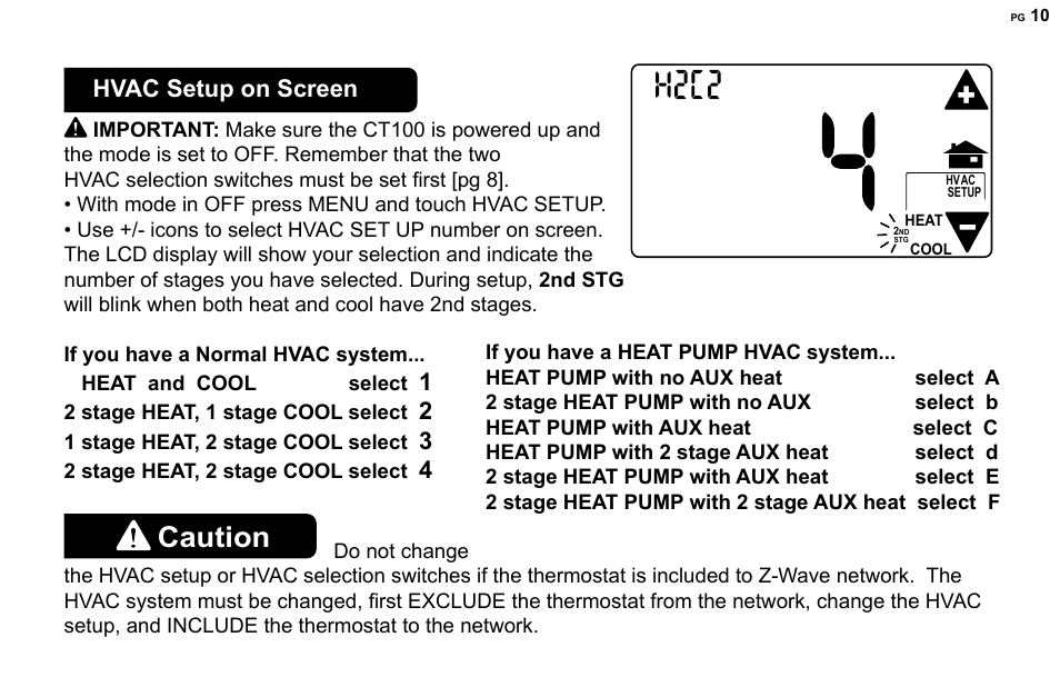 Caution, Hvac setup on screen | 2GIG CT100 User Manual | Page 10 / 20