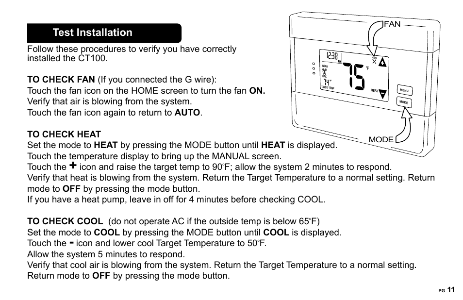 Test installation | 2GIG CT100 User Manual | Page 11 / 20