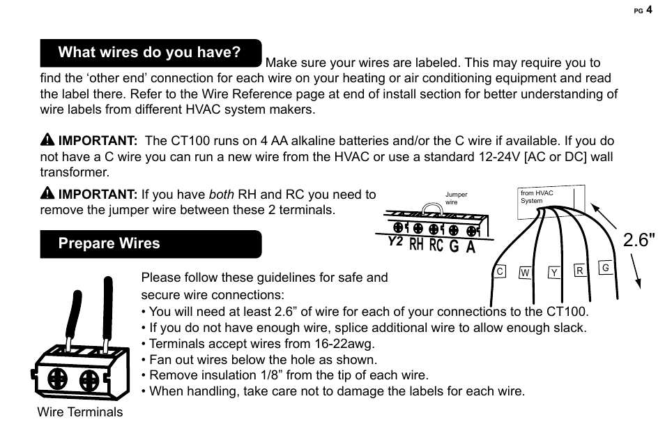 Y rh rc g a, What wires do you have, Prepare wires | 2GIG CT100 User Manual | Page 4 / 20