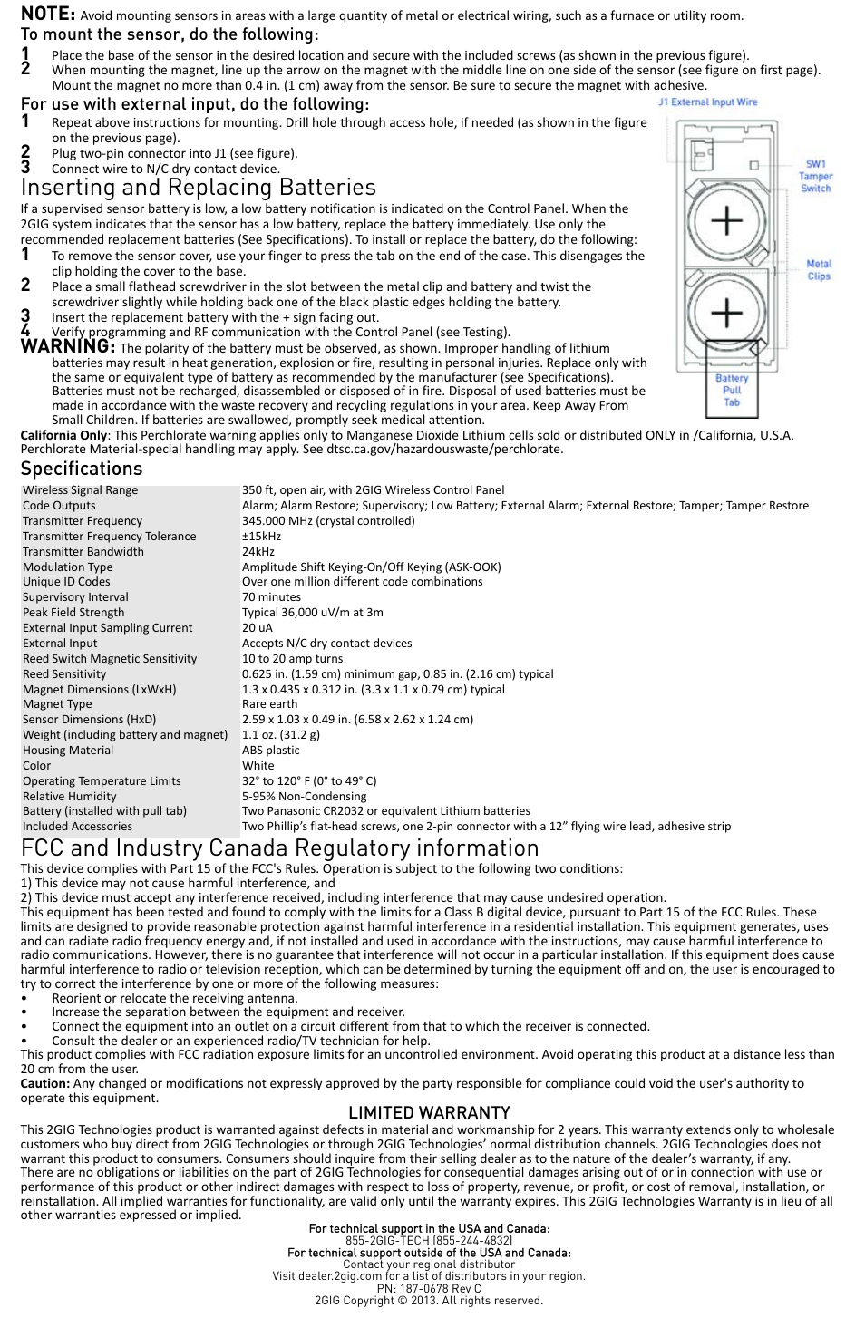 Inserting and replacing batteries, Fcc and industry canada regulatory information, Warning | Specifications, For use with external input, do the following, Limited warranty | 2GIG DW10-345 Thin DW Contact User Manual | Page 2 / 2