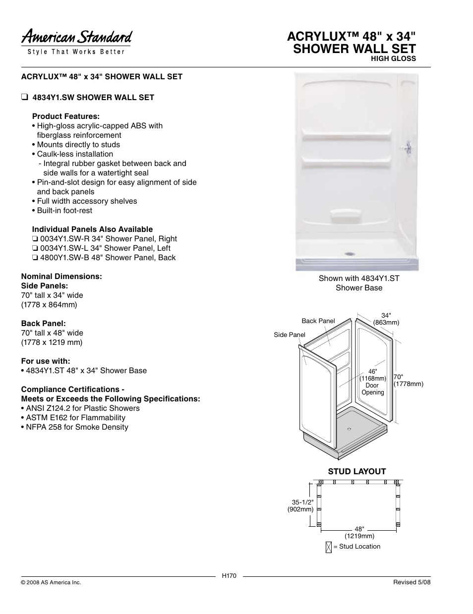 American Standard Acrylux Shower Wall Set 4834Y1.SW User Manual | 1 page