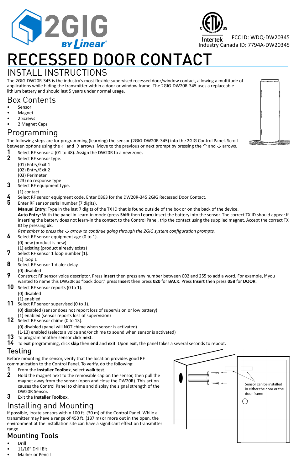 2GIG DW20R-345 Recessed DW Contact User Manual | 2 pages