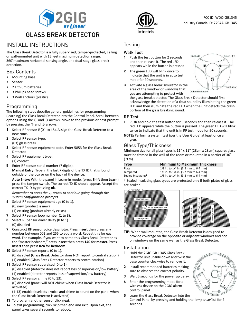 2GIG GB1-345 Glass Break User Manual | 2 pages
