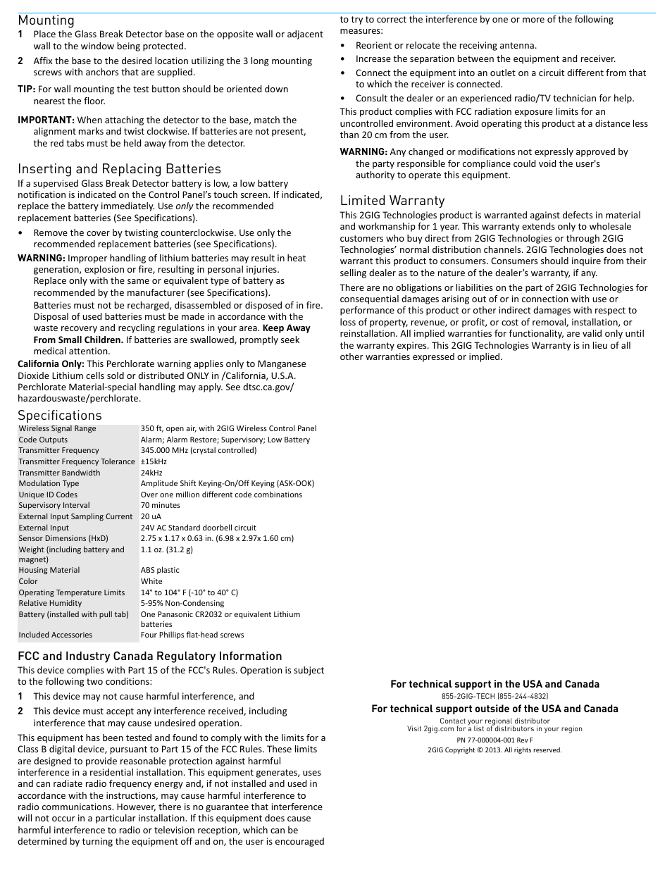 Mounting, Inserting and replacing batteries, Specifications | Limited warranty, Fcc and industry canada regulatory information | 2GIG GB1-345 Glass Break User Manual | Page 2 / 2