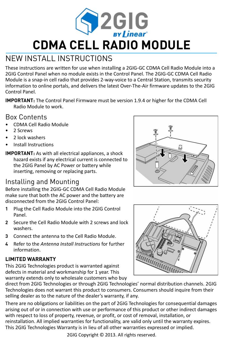 2GIG CDMA CELL RADIO MODULE User Manual | 2 pages