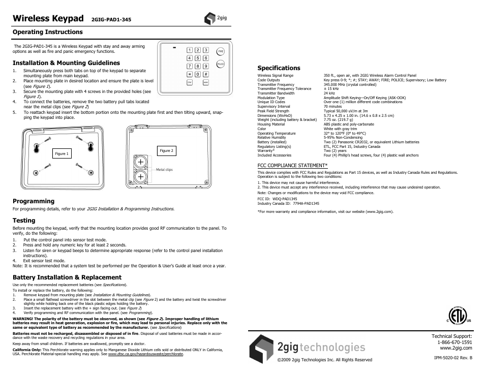 2GIG PAD1-345 Keypad User Manual | 1 page