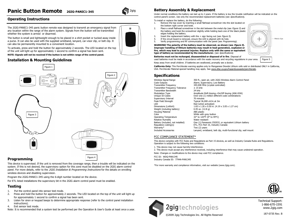 2GIG PANIC1-345 Panic Button User Manual | 1 page