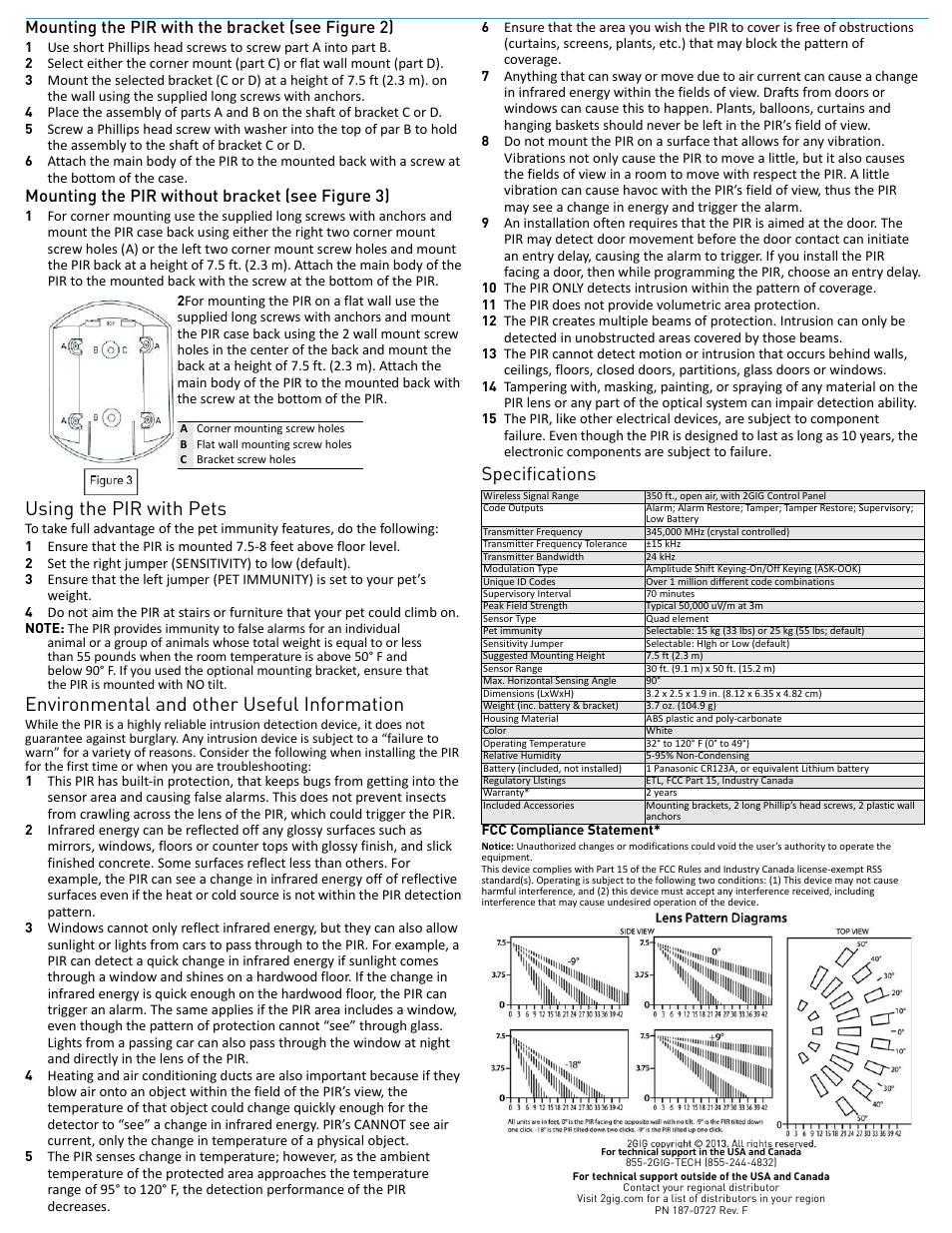 Mounting the pir with the bracket (see figure 2), Mounting the pir without bracket (see figure 3), Using the pir with pets | Environmental and other useful information, Specifications | 2GIG PIR1-345 User Manual | Page 2 / 2