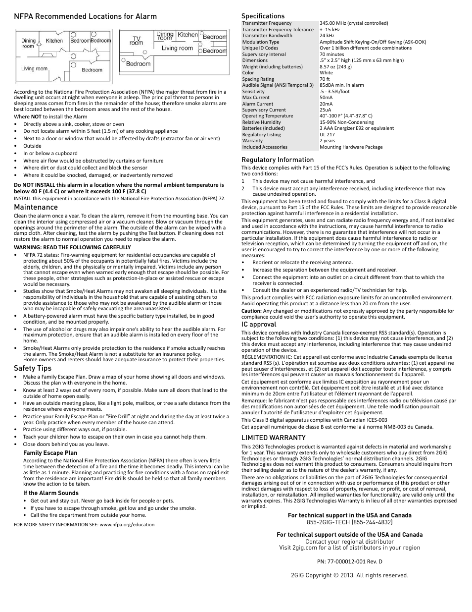 Nfpa recommended locations for alarm, Maintenance, Safety tips | Family escape plan, If the alarm sounds, Specifications, Regulatory information, Ic approval, Limited warranty | 2GIG SMTK3_345 User Manual | Page 2 / 2