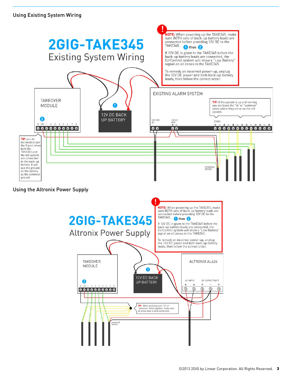 Using existing system wiring, Using the altronix power supply | 2GIG TAKE-345 Super Switch User Manual | Page 3 / 4