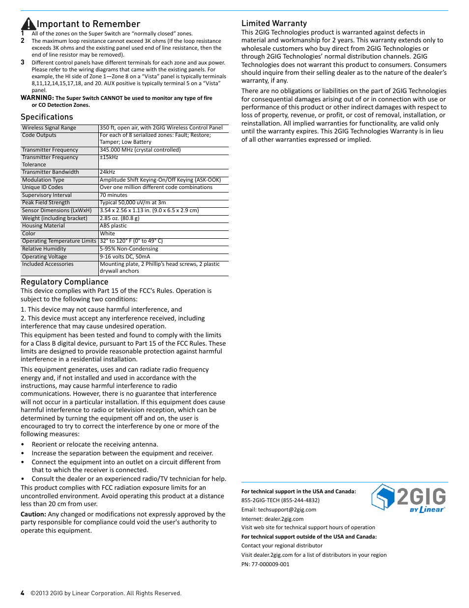 Important to remember, Specifications, Regulatory compliance | Limited warranty, Specifications regulatory compliance | 2GIG TAKE-345 Super Switch User Manual | Page 4 / 4