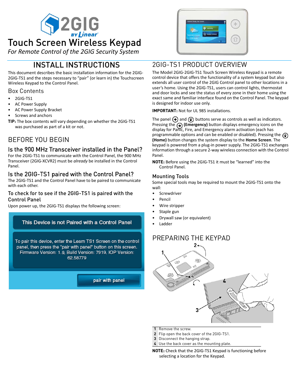 2GIG TS1 - Touch Screen Wireless Keypad User Manual | 5 pages
