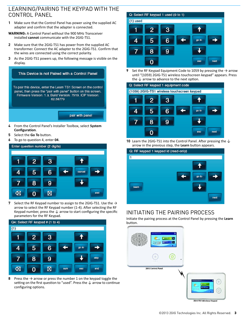 Learning/pairing the keypad with the control panel, Initiating the pairing process | 2GIG TS1 - Touch Screen Wireless Keypad User Manual | Page 3 / 5