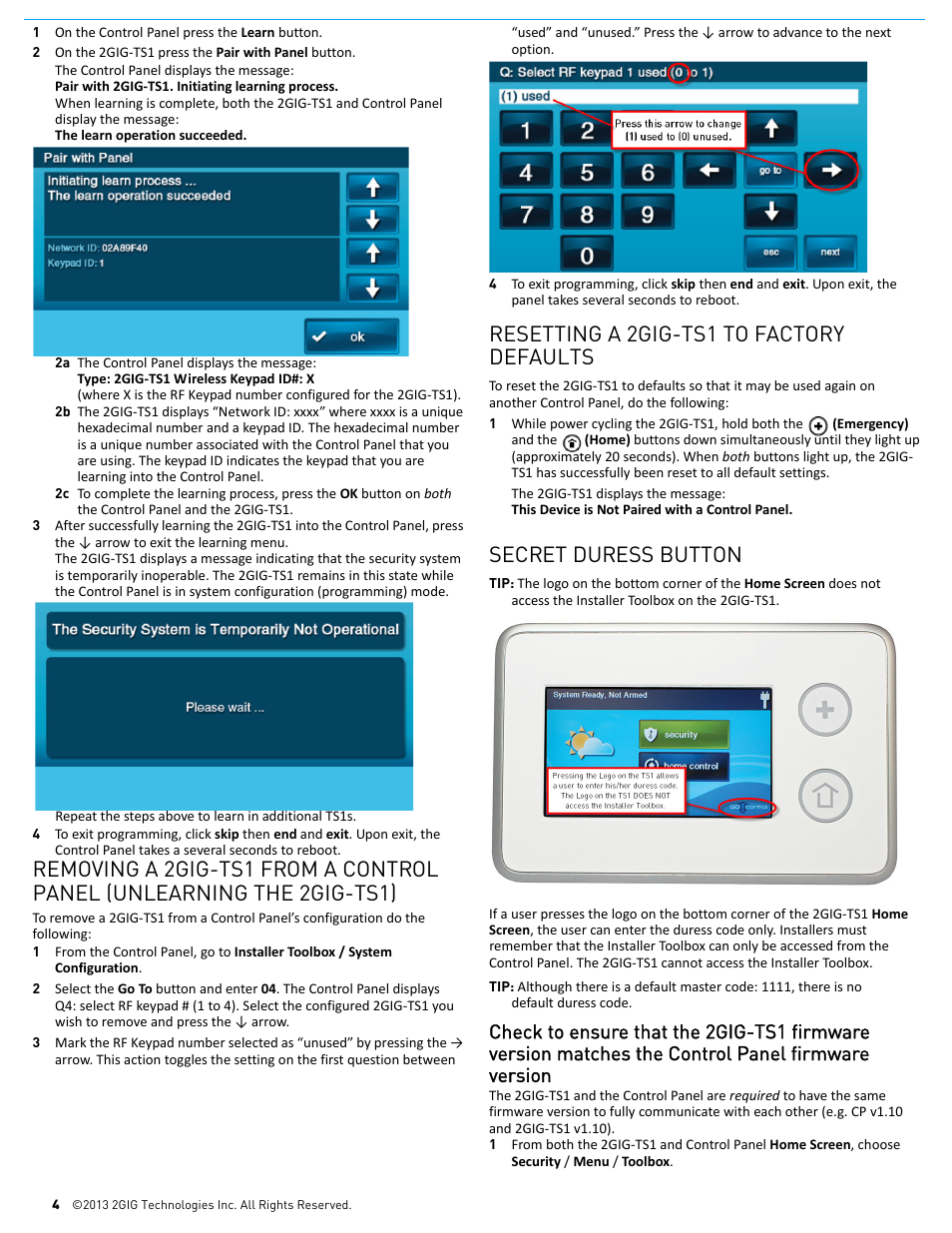Resetting a 2gig-ts1 to factory defaults, Secret duress button | 2GIG TS1 - Touch Screen Wireless Keypad User Manual | Page 4 / 5