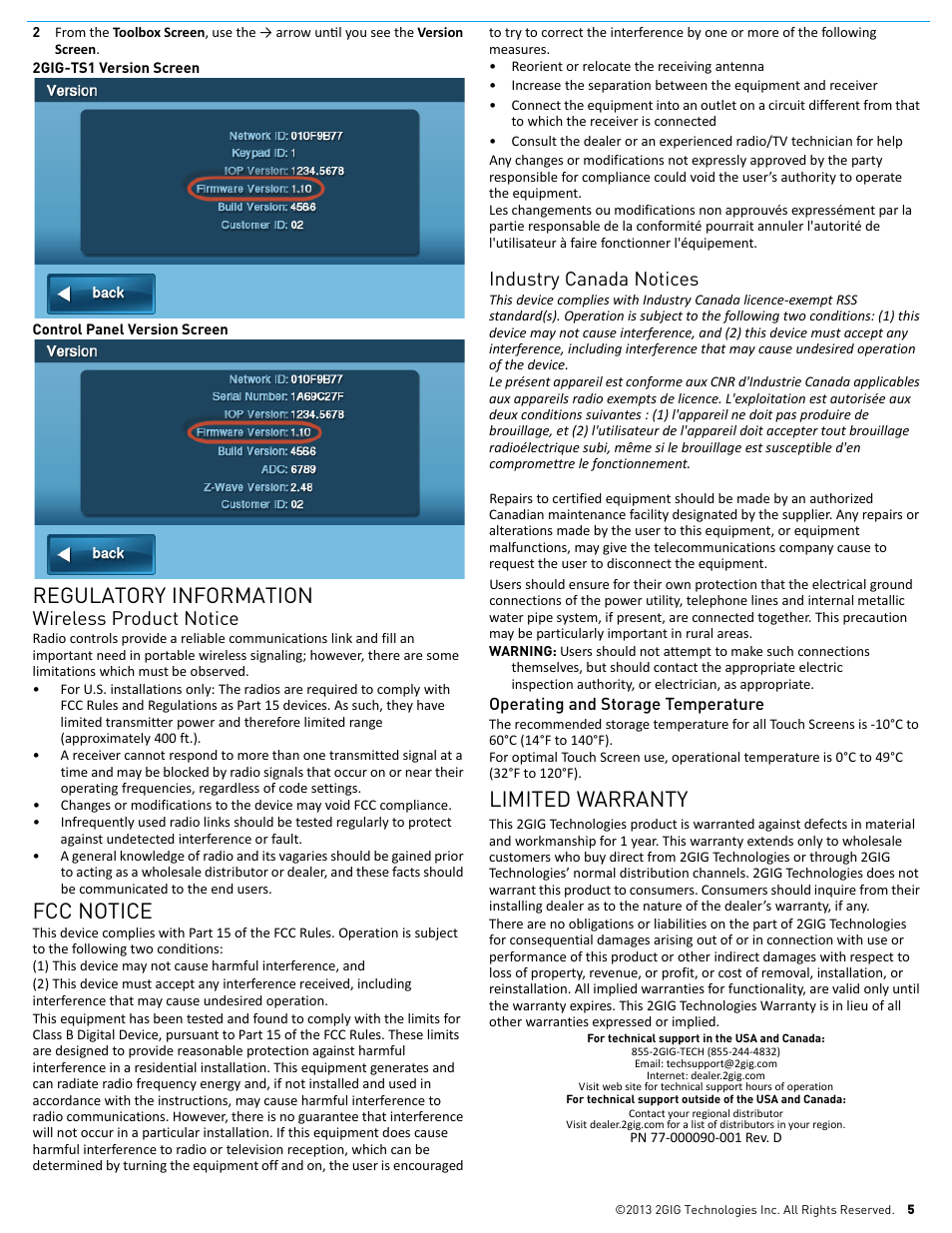 Regulatory information, Fcc notice, Limited warranty | Wireless product notice, Industry canada notices | 2GIG TS1 - Touch Screen Wireless Keypad User Manual | Page 5 / 5