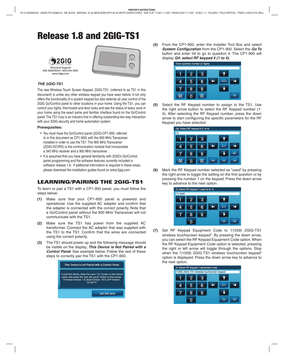 2GIG TS1-E v1-8 Addendum User Manual | 4 pages