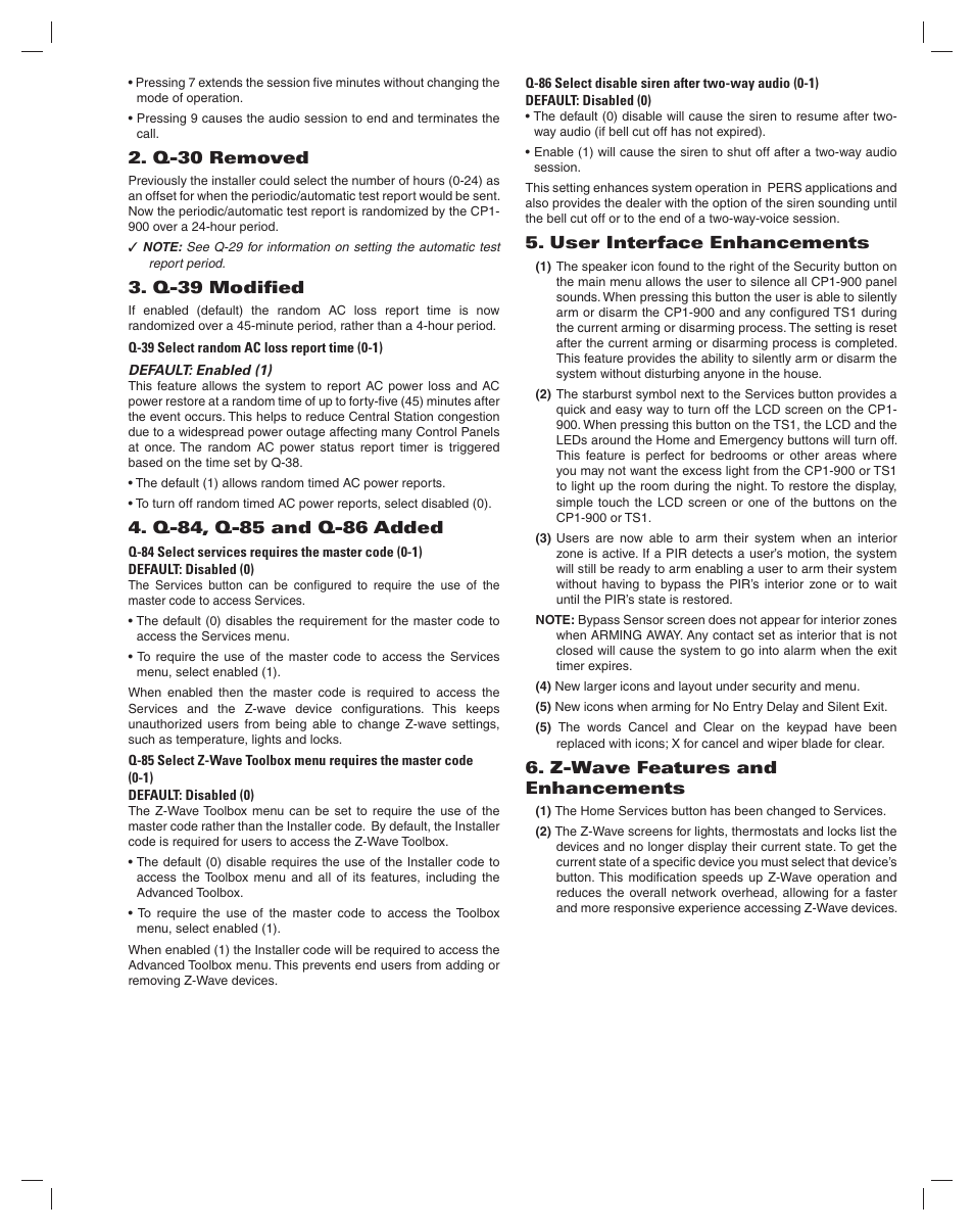 Q-30 removed, Q-39 modifi ed, User interface enhancements | Z-wave features and enhancements | 2GIG TS1-E v1-8 Addendum User Manual | Page 3 / 4