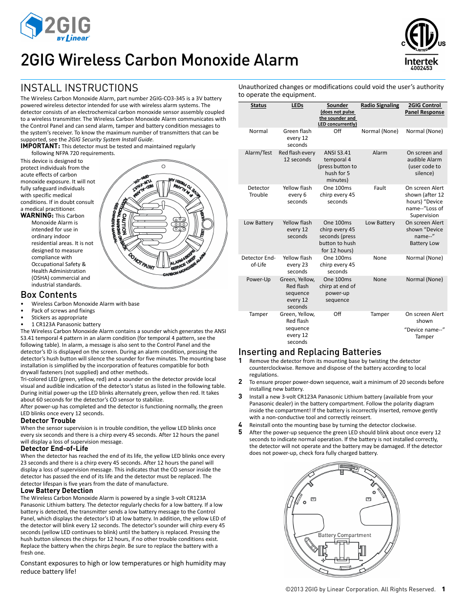 2GIG CO3-345 Carbon Monoxide Detector User Manual | 3 pages