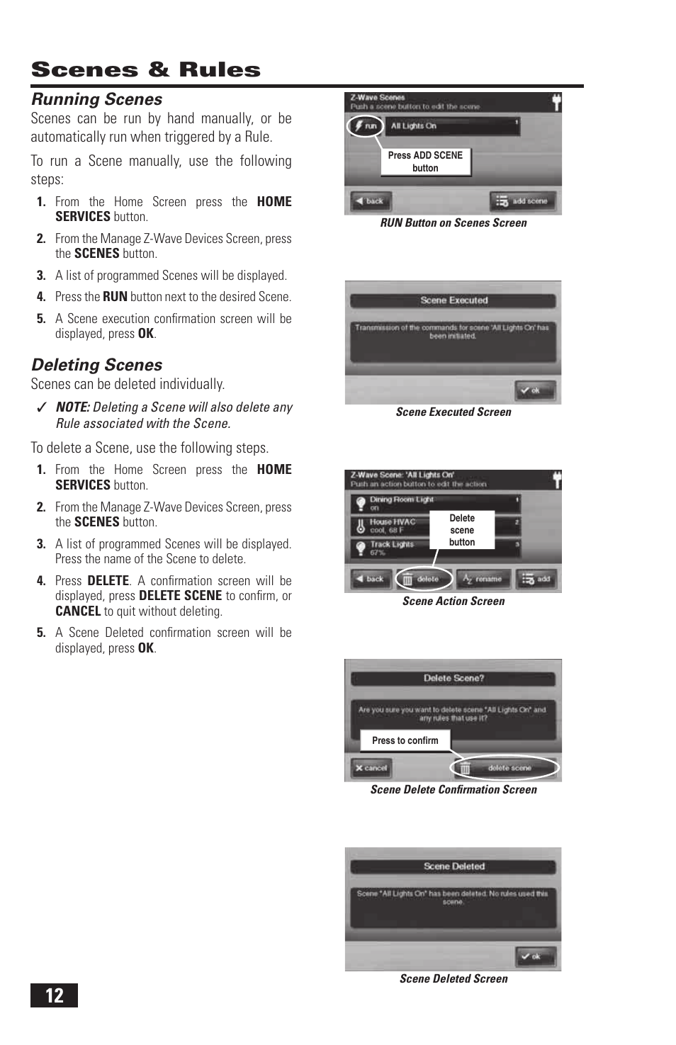 12 scenes & rules, Running scenes, Deleting scenes | 2GIG Z-Wave User Manual | Page 14 / 24