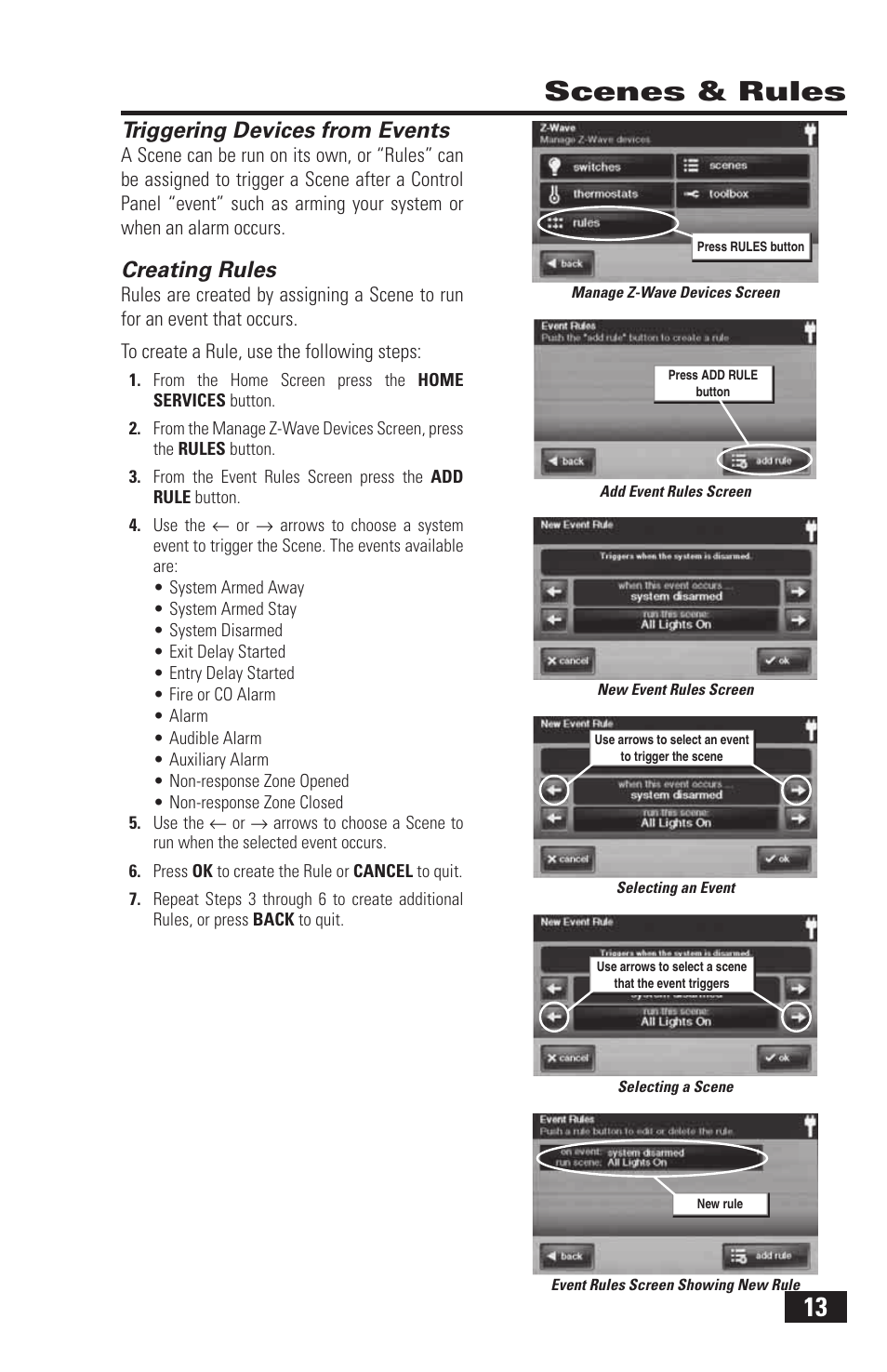 13 scenes & rules, Triggering devices from events, Creating rules | 2GIG Z-Wave User Manual | Page 15 / 24