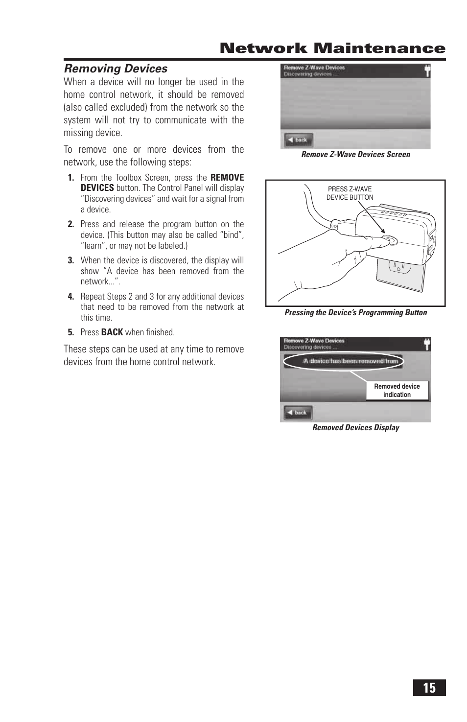 15 network maintenance, Removing devices | 2GIG Z-Wave User Manual | Page 17 / 24