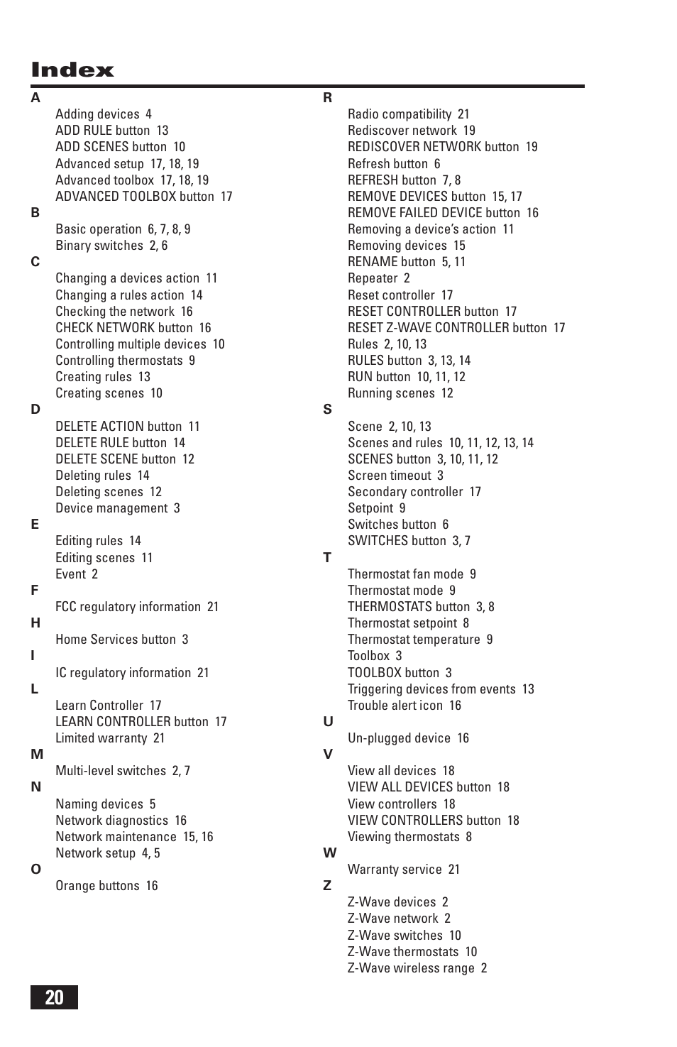 20 index | 2GIG Z-Wave User Manual | Page 22 / 24