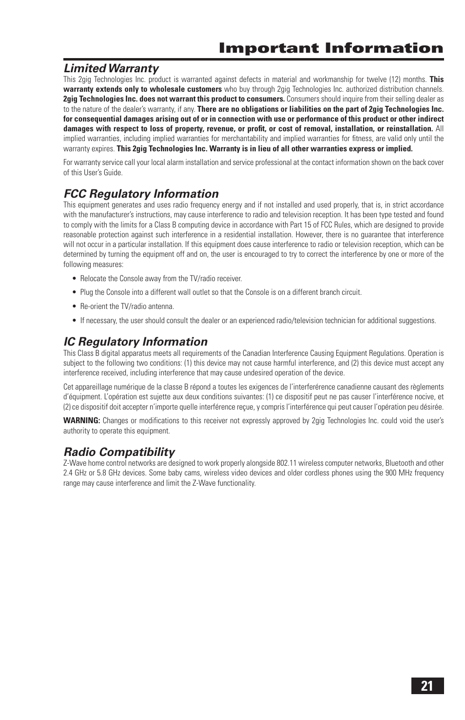 21 important information, Limited warranty, Fcc regulatory information | Ic regulatory information, Radio compatibility | 2GIG Z-Wave User Manual | Page 23 / 24