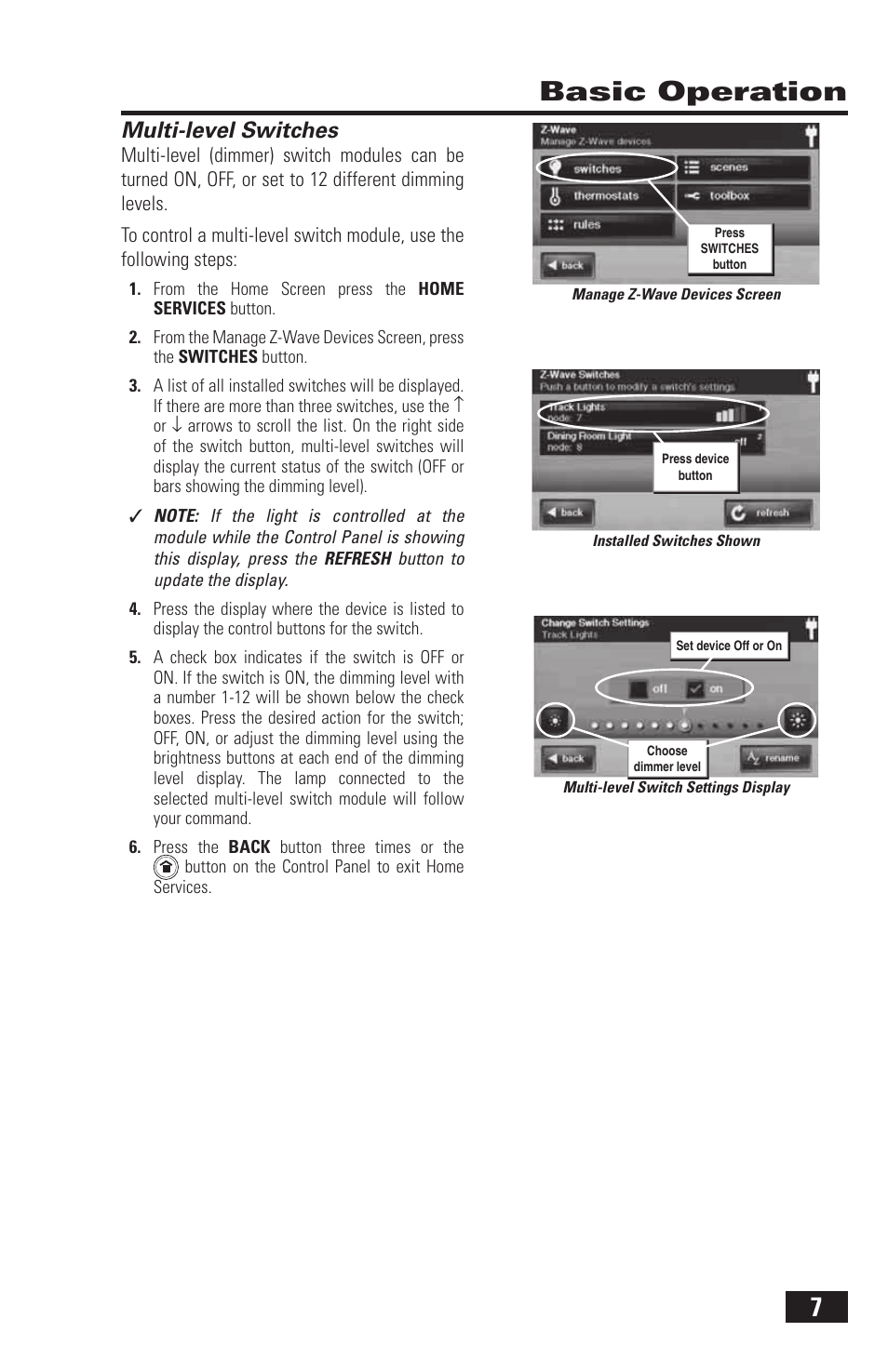 7basic operation, Multi-level switches | 2GIG Z-Wave User Manual | Page 9 / 24