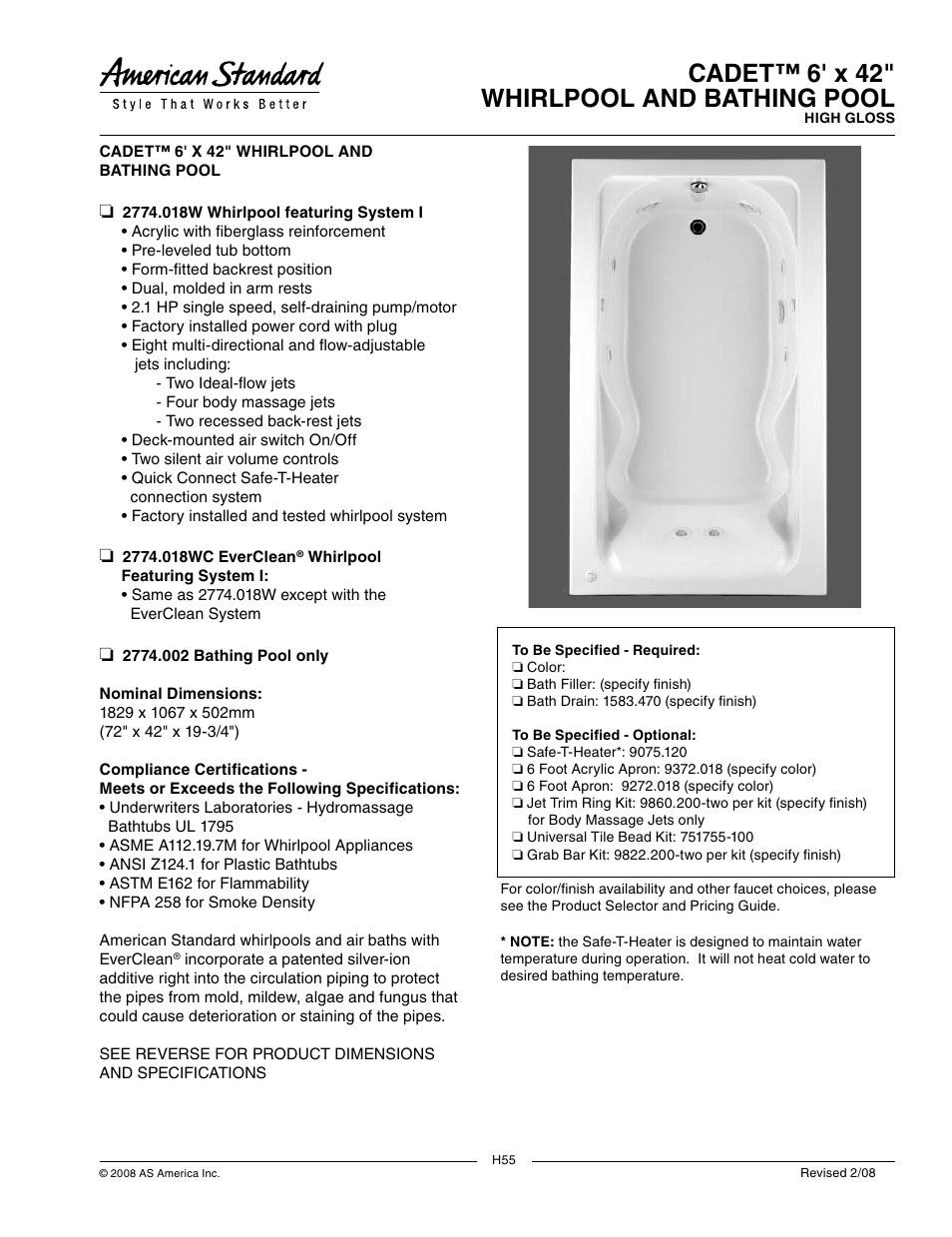 American Standard Cadet Whirlpool and Bathing Pool 2774.002 User Manual | 2 pages