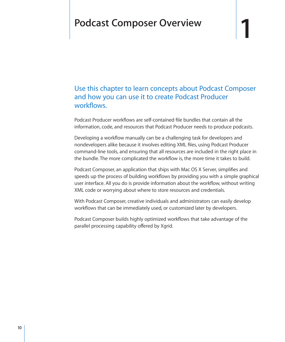 Chapter 1: podcast composer overview, Chapter 1: podcast composer overview, Podcast composer overview | Apple Mac OS X Server v10.6 User Manual | Page 10 / 76