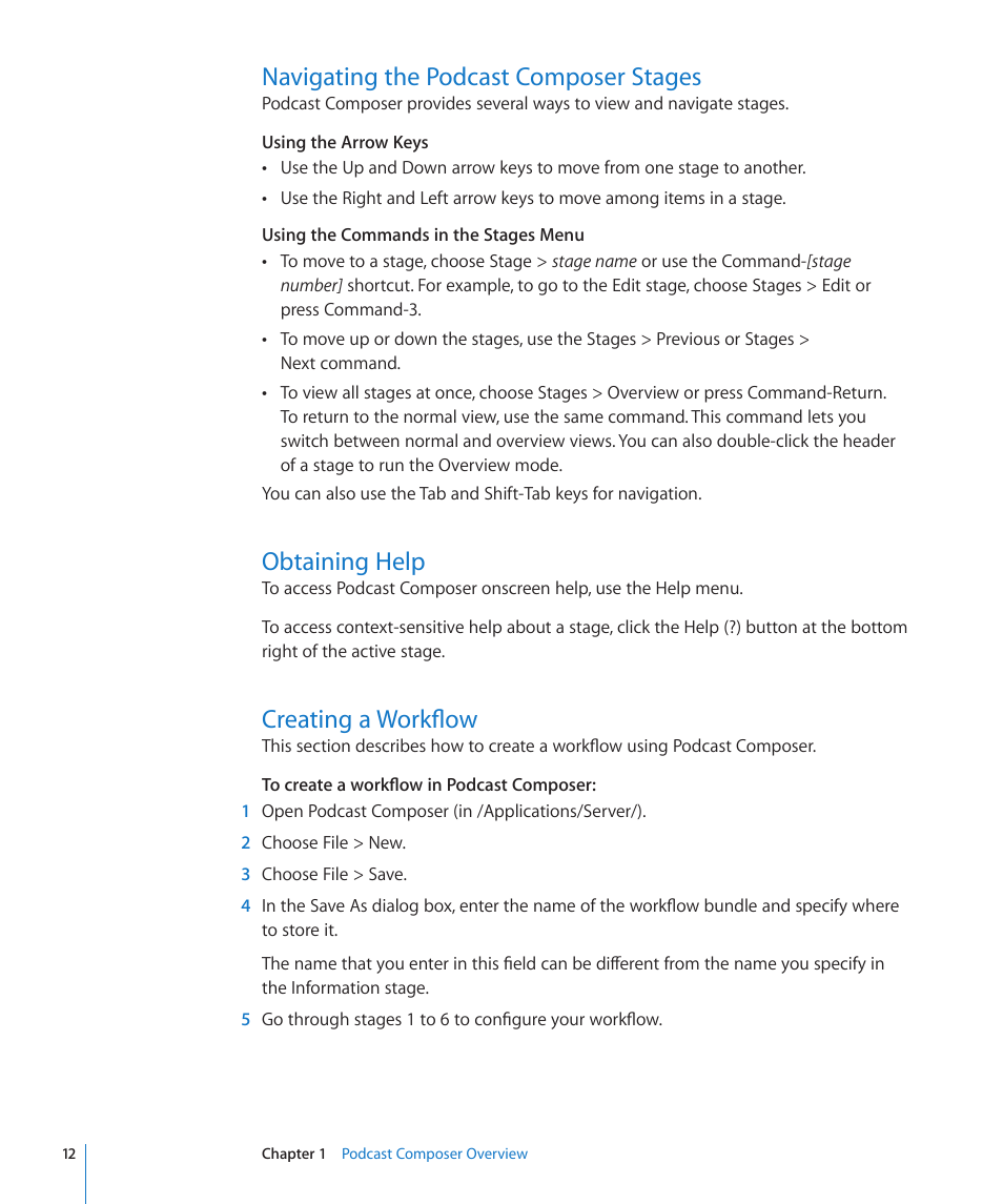 Navigating the podcast composer stages, Obtaining help, Creating a workflow | Apple Mac OS X Server v10.6 User Manual | Page 12 / 76