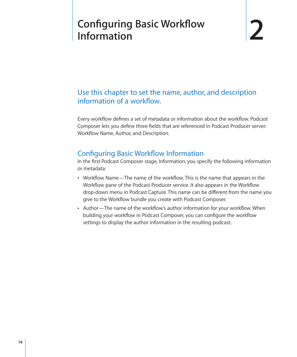 Chapter 2: configuring basic workflow information, Configuring basic workflow information, Chapter 2: configuring basic workflow information | Configuring basic workflow, Information | Apple Mac OS X Server v10.6 User Manual | Page 14 / 76