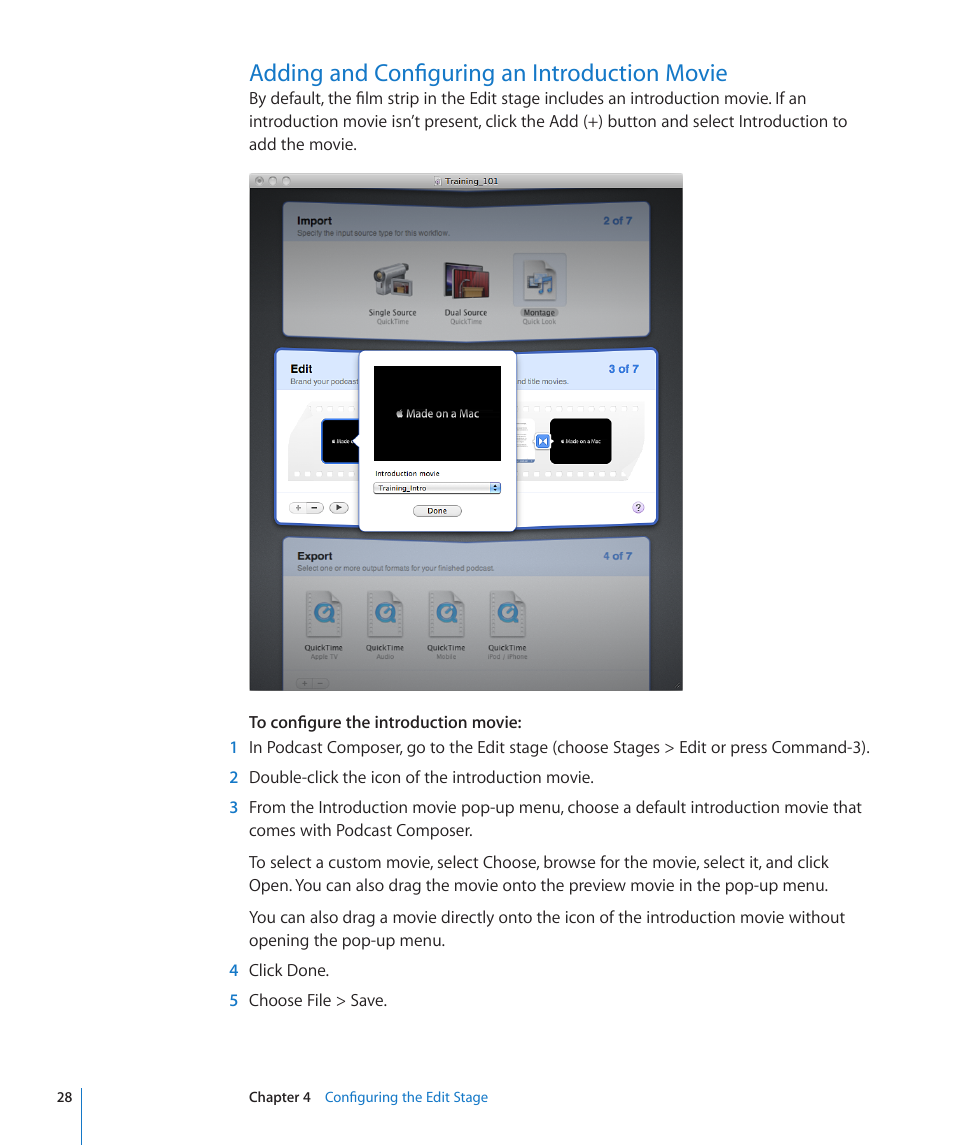 Adding and configuring an introduction movie, 28 adding and configuring an introduction movie | Apple Mac OS X Server v10.6 User Manual | Page 28 / 76