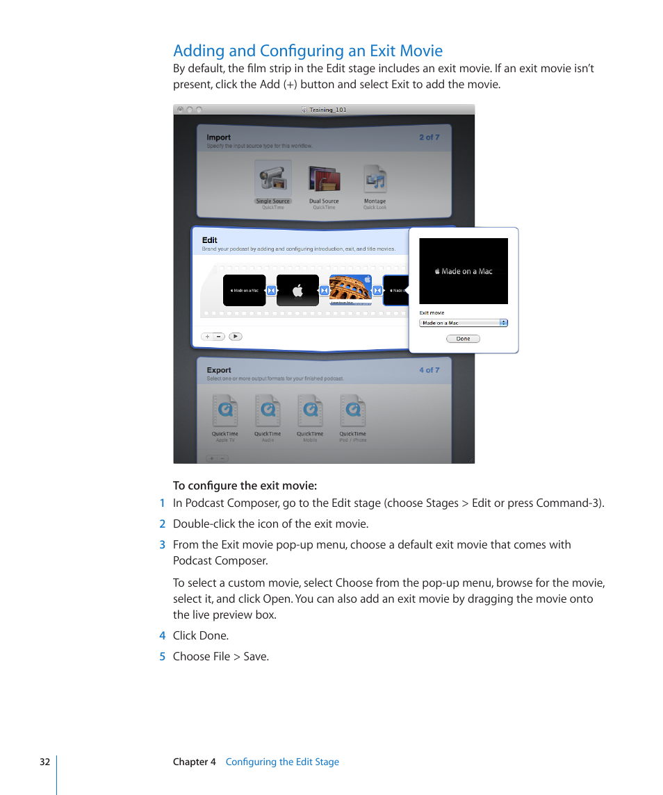 Adding and configuring an exit movie, 32 adding and configuring an exit movie | Apple Mac OS X Server v10.6 User Manual | Page 32 / 76