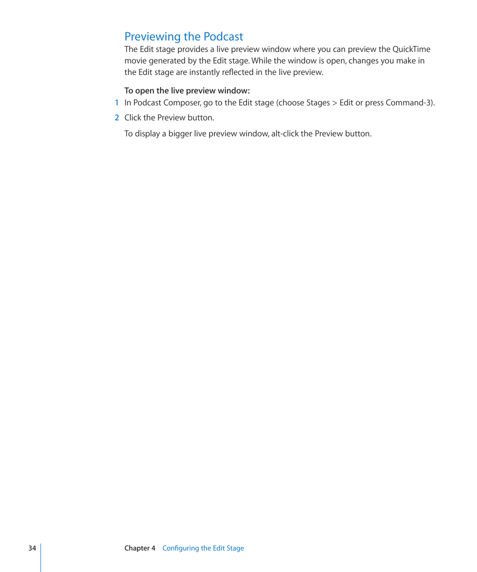 Previewing the podcast, 34 previewing the podcast | Apple Mac OS X Server v10.6 User Manual | Page 34 / 76