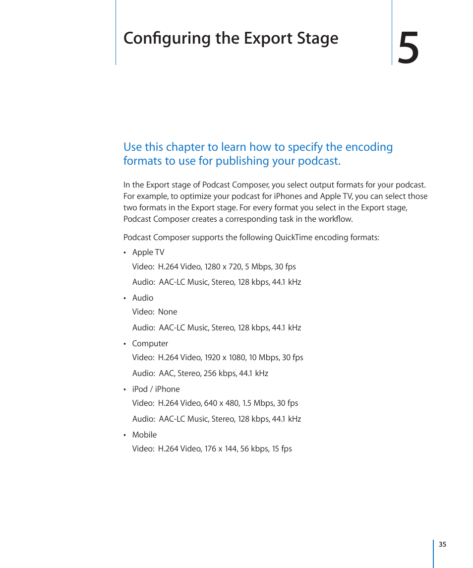 Chapter 5: configuring the export stage, Configuring the export stage, Configuring the | Export stage | Apple Mac OS X Server v10.6 User Manual | Page 35 / 76