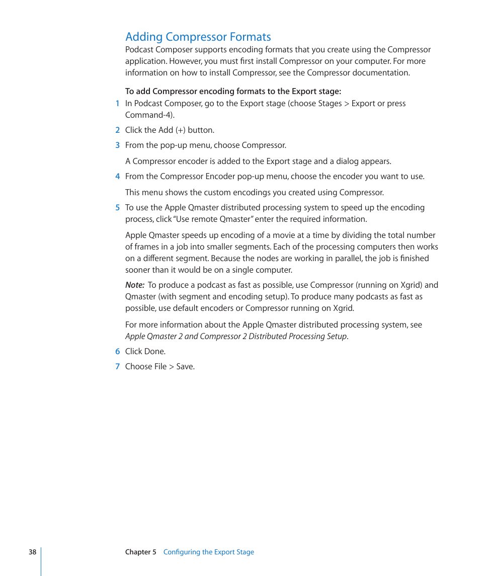 Adding compressor formats, 38 adding compressor formats | Apple Mac OS X Server v10.6 User Manual | Page 38 / 76