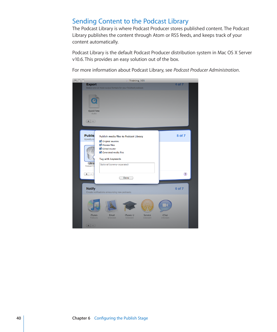 Sending content to the podcast library, 40 sending content to the podcast library | Apple Mac OS X Server v10.6 User Manual | Page 40 / 76