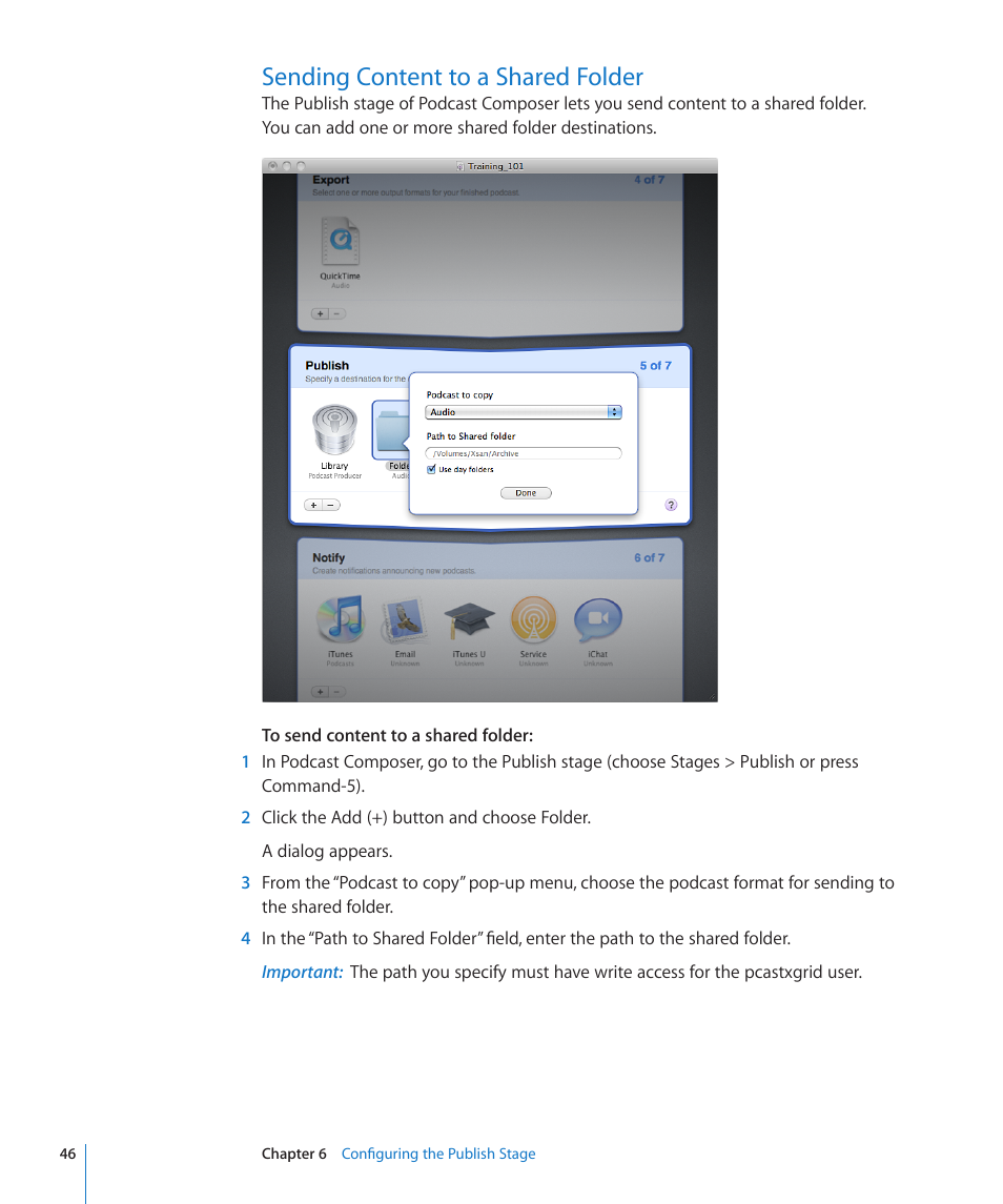 Sending content to a shared folder, 46 sending content to a shared folder | Apple Mac OS X Server v10.6 User Manual | Page 46 / 76