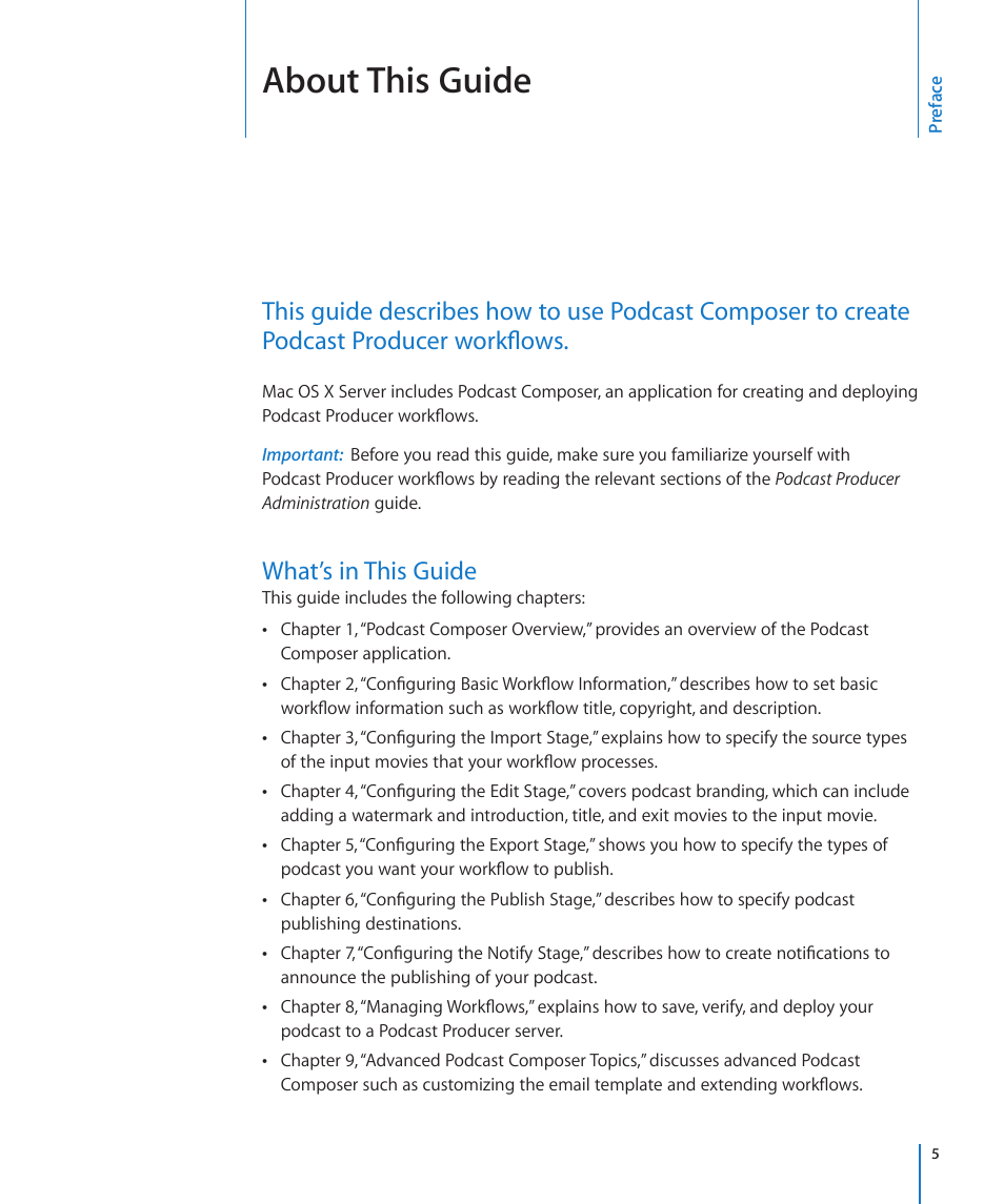 Preface: about this guide, What’s in this guide, About this guide | Apple Mac OS X Server v10.6 User Manual | Page 5 / 76