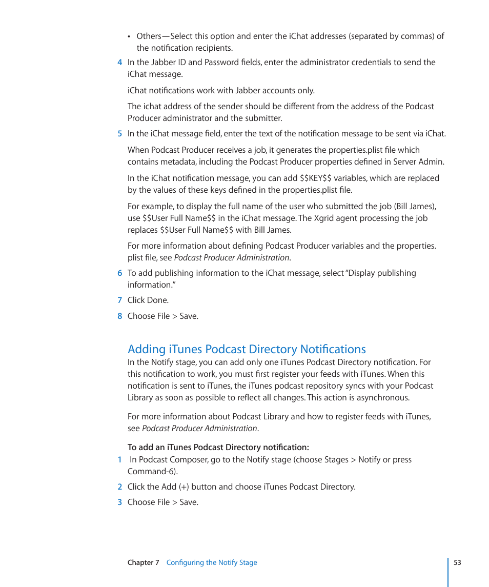 Adding itunes podcast directory notifications, 53 adding itunes podcast directory notifications | Apple Mac OS X Server v10.6 User Manual | Page 53 / 76