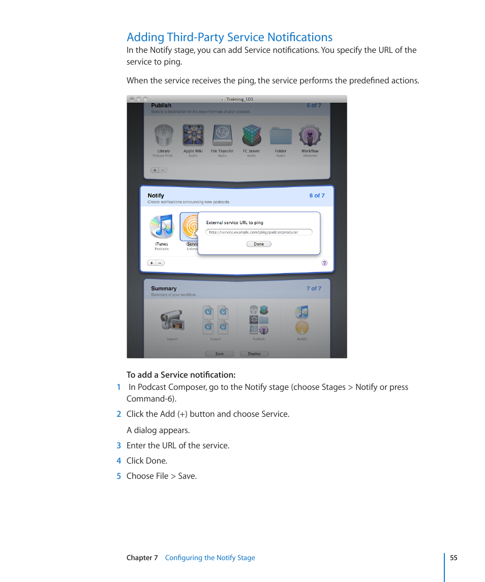 Adding third-party service notifications, 55 adding third-party service notifications | Apple Mac OS X Server v10.6 User Manual | Page 55 / 76