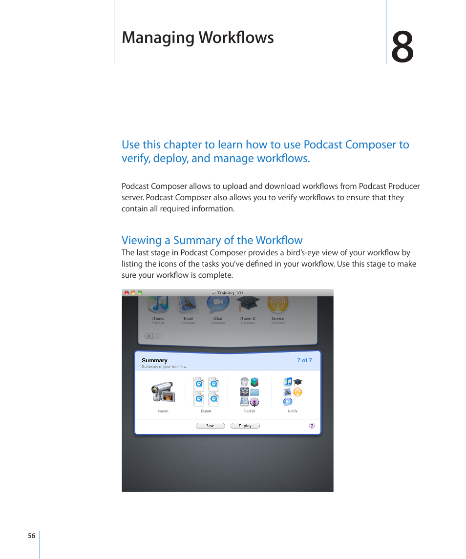 Chapter 8: managing workflows, Viewing a summary of the workflow, 56 viewing a summary of the workflow | Managing workflows | Apple Mac OS X Server v10.6 User Manual | Page 56 / 76
