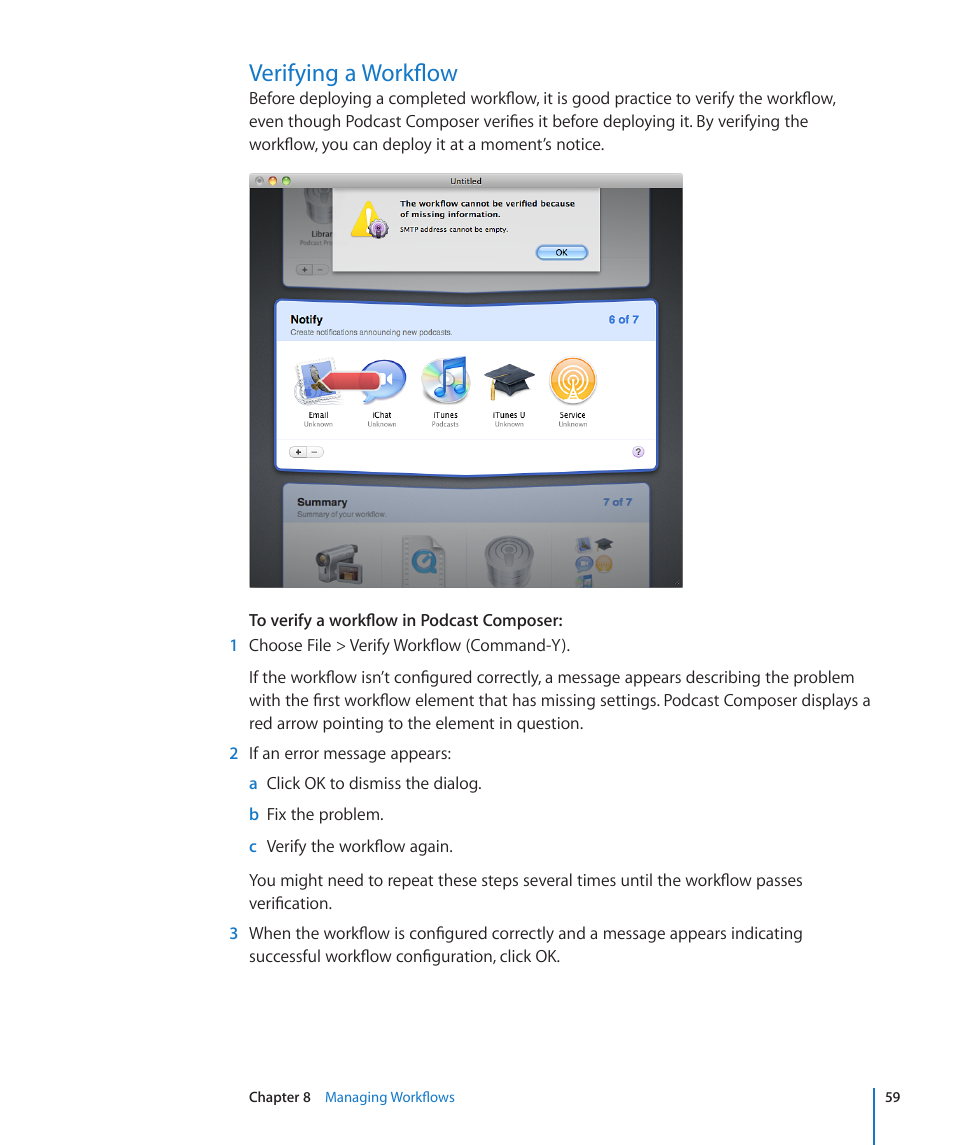 Verifying a workflow, 59 verifying a workflow | Apple Mac OS X Server v10.6 User Manual | Page 59 / 76