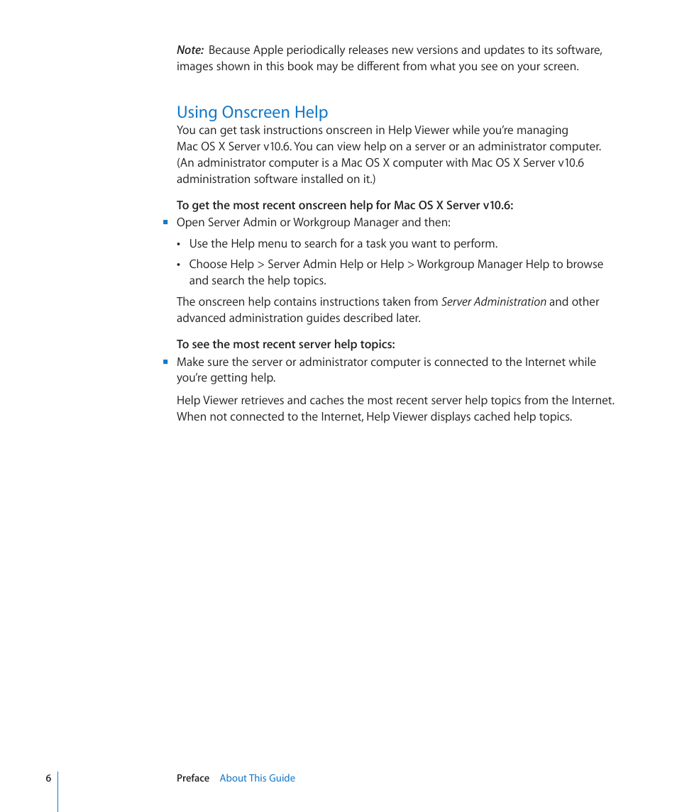 Using onscreen help | Apple Mac OS X Server v10.6 User Manual | Page 6 / 76