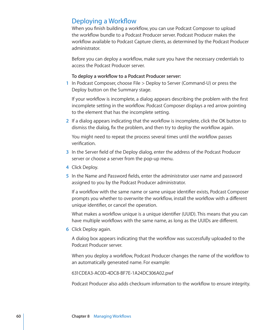 Deploying a workflow, 60 deploying a workflow | Apple Mac OS X Server v10.6 User Manual | Page 60 / 76