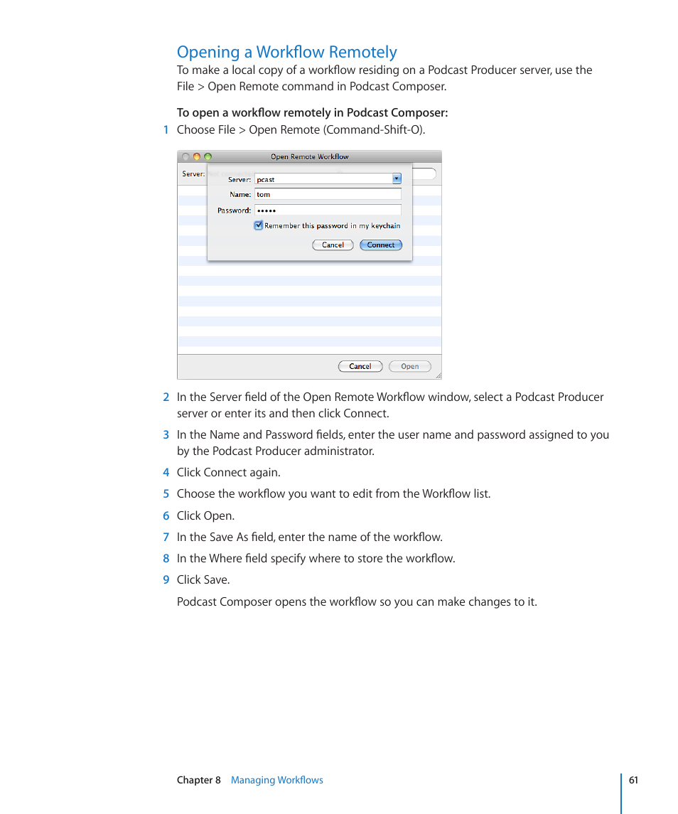 Opening a workflow remotely | Apple Mac OS X Server v10.6 User Manual | Page 61 / 76