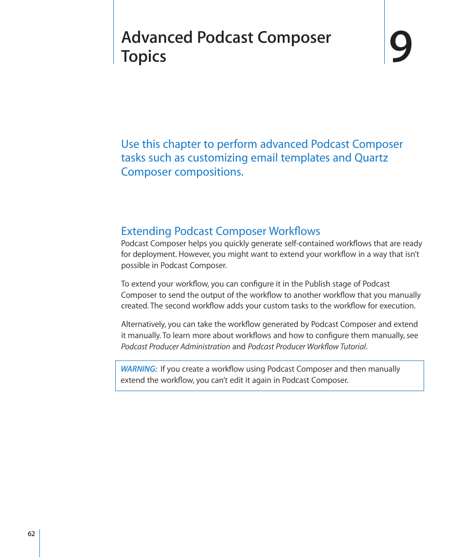 Chapter 9: advanced podcast composer topics, Extending podcast composer workflows, Chapter 9: advanced podcast composer topics | 62 extending podcast composer workflows, Advanced podcast composer topics | Apple Mac OS X Server v10.6 User Manual | Page 62 / 76