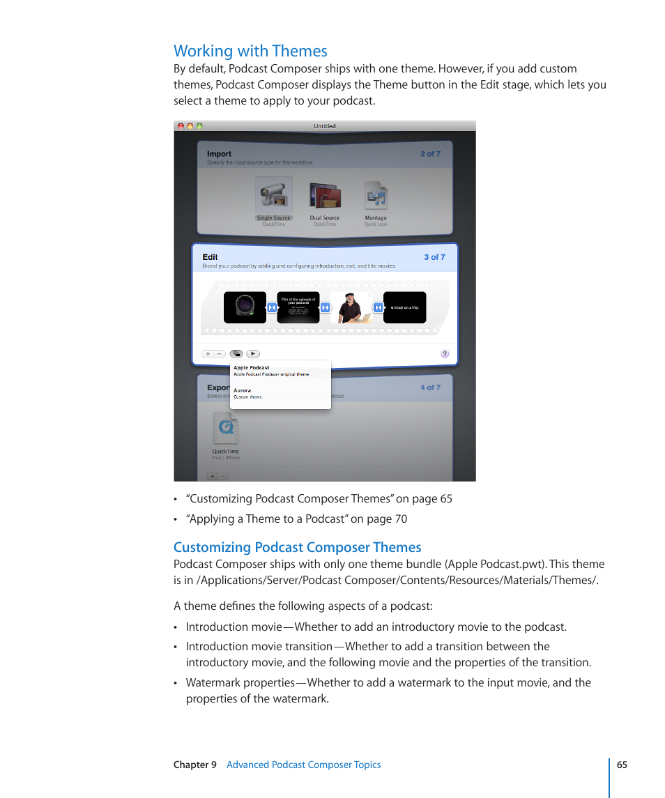 Working with themes, Customizing podcast composer themes, 65 working with themes 65 | Apple Mac OS X Server v10.6 User Manual | Page 65 / 76